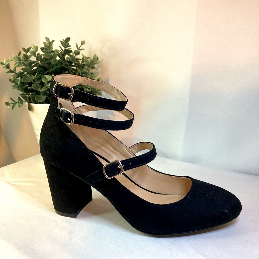 🖤Black Suede Chunky Multi-Strap Block Round Toe Trendy Heels- Penny Loves Kenny